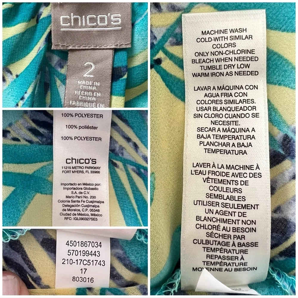 Chico’s Blouse Tropical Leopard Semi Sheer Ruffle Sleeve Green Blue 12 Large L - Picture 6 of 11